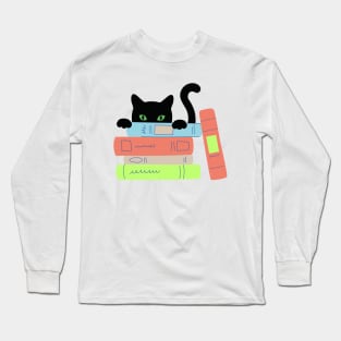 Funny Cute Kawaii Anime Book Reading Bookworm Peeking Cat Long Sleeve T-Shirt